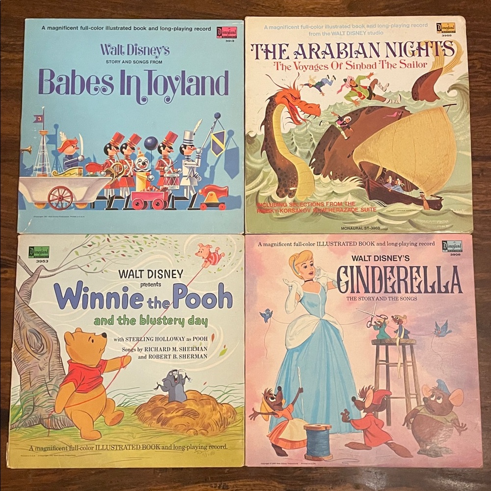 4 DISNEY Vintage Vinyl LP Records w/ Books Sinbad Cinderella Toyland Winnie Pooh
